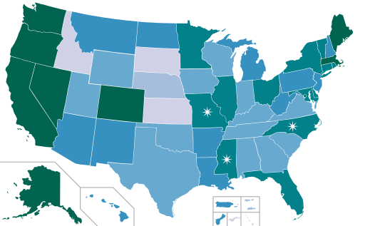 Map indicating states that have decriminalized or legalized some form of cannabis use and purchase.